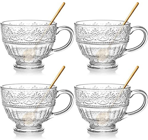 AVLA 4 Pack Glass Coffee Mugs, 16 OZ Clear Tea Cups with Handle and Spoons, Crystal Drinking Glassware for Latte, Cappuccino, Americano, Juice, Hot Beverage, Water, Dishwasher & Microwave Safe
