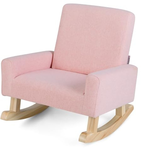HONEY JOY Toddler Rocking Chair, Kids Rocker with Solid Wood Legs & Linen Fabric, Anti-Tipping Design, Toddler Couch for Kids Room, Playroom, Nursery, Bedroom (Pink)