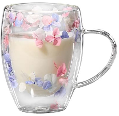 itrimaka Doppelwandige Kaffeetassen, Gläser, Tassen mit getrockneten Blumen, Glastassen mit getrockneten Blumen, 350 ml Glas-Kaffeetassen mit Henkel für Saft, Tee oder Kaffee
