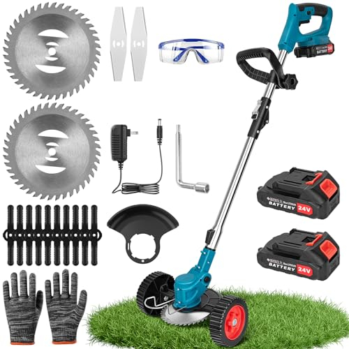 Elektro-Unkraut-Wacker mit Schnellladegerät, 3-in-1 Akku-Unkraut-Eater, einstellbare Höhe Brush Cutte, Akku-Unkraut-Wacker mit 2 Batterien 1 Ladegerät und 16 Schneidklingen für Rasengart-Garten
