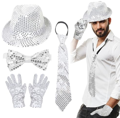 EUPSIIU 4 Piezas Jazz Dance Hat Performance Jazz Guantes Corbata y Pajaritas Lentejuelas Sombrero, Sombrero de Lentejuelas Accesorio Discoteca para Disfraz Hip-Hop Actuaciones y Baile (Plateado)
