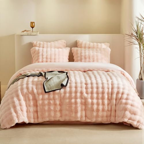 Tokokimo Ropa de cama de felpa de 240 x 220 cm, cálida para invierno, de piel de conejo, con cremallera y 2 fundas de almohada de 65 x 65 cm, color rosa
