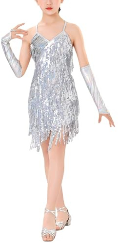 AIEOE Vestito da Danza per Bambine Abito da Ballo Latino Americano Ragazza Senza Maniche Ragazze Abiti da Balletto Ballet 8-9 Anni Argento