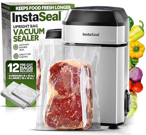 InstaSeal Vacuum Sealer for Food with 12 Bags, Preserves Foods 5x Longer, Space Saving Compact Upright Design Allows Machine to Seal Marinades, Soups, Meats for Sous Vide Cooking, Vegetables