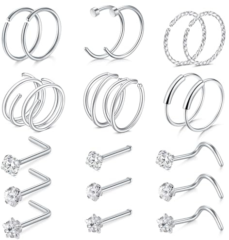 LAURITAMI Piercing Näsa Rostfritt Stål Kirurgiskt Set, Näsa Piercing Cirkel, L Rak Spiral Form Piercing Näsa Stud för Kvinnor Män 20G Silver Cubic Zirconia