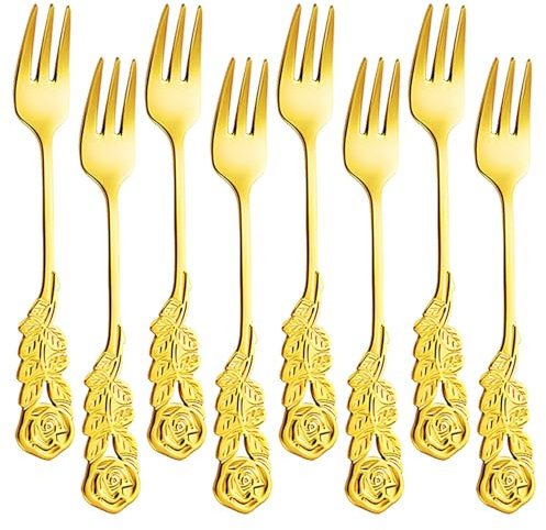 HINFHI 8 Pieces Golden Forks, Creative Stainless Steel Rose Fruit Forks, Reusable, Simple And Exquisite, Kitchen Tableware.