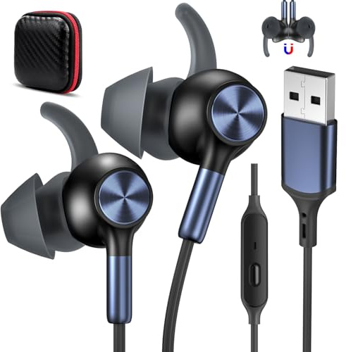 AIAUXAI USB Earbuds with Microphone for PC Laptop,USBA Headphones,BlackBlue