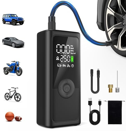 Car Tyre Inflator Air Compressor,150PSI Cordless Bike Pump 5 Modes with 10000mAh Battery, Digital Pressure Gauge& Power Bank, Auto Shut-Off, 3 LED Lights, Portable for Car Motorcycle Bike Balls