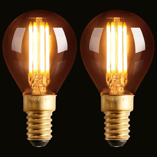 Terafeels 2 Stück E14 LED Vintage Glühbirne, G45, 4W, Gerader Glühfaden, 2200K Warmes Gelblicht, Bernsteinfarbenes Glas, Retro LED Lampe E14 Leuchtmittel Nicht Dimmbar