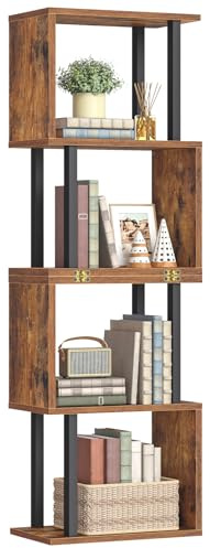 HOOBRO 5-Tier Bookshelf, S-Shaped Bookcase, Industrial Display Shelf, Wooden and Metal Geometric Bookshelf, 2-in-1 Book Shelf for Office, Living Room, Rustic Brown and Black BF20SJ01