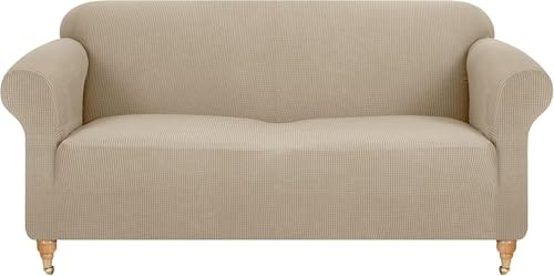 viceroy bedding PREMIUM STRETCH Thick Sofa Covers 1/2/3/4 Seater Sofa Furniture Protector EASY FIT ELASTIC Jacquard Fabric Couch Settee Slipcover BONUS SIDE STORAGE POCKET (Beige, 2 Seater)