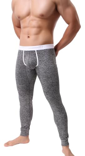 KAMUON Men’s Low Rise Pouch Underwear Pants Long Johns Thermal Bottoms Leggings (US M = Asian Tag L : Waist 31-33, Black #2)