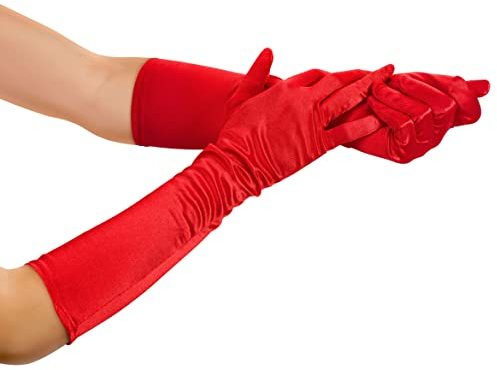 Balinco Damen Handschuhe Lang, Elegant, 1920er Stil, Glamour Abendhandschuh, Oper, Klassisch, Elastisch, Satin, Gothic, Festlich, Faschingskostüme, Karneval, Weiberfastnacht (Rot)