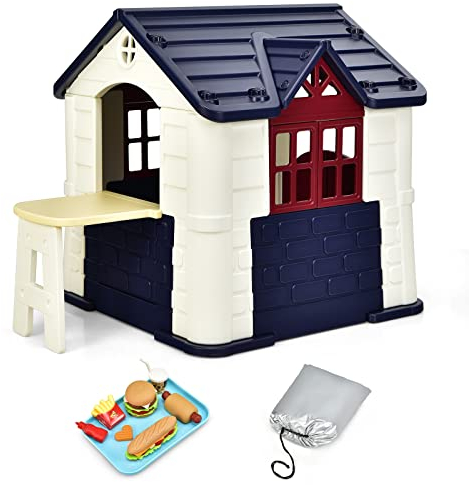 GYMAX Kids Play House, Children Plastic Playhouse with Picnic Table, Rainproof Cover, 7PCS Toy Set & Tray, Indoor Outdoor Play Cottage for 3-8 Years Old Boys Girls