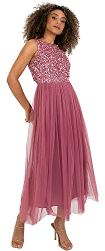 Maya Deluxe Vrouwen Midaxi Jurk Dames Mouwloze Pailletten Hoge Empire Taille Tule Versierd voor Bruiloft Gast Bal Bruidsmeisje, Bessen, 40