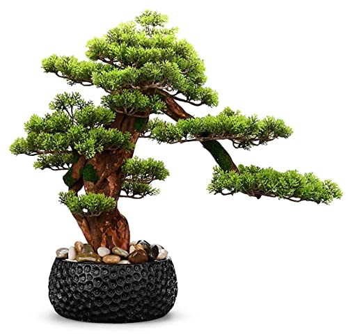 EVSER Bonsai Chinesischer Eingang, Willkommen, Kiefer, Bonsai, Innenbegrünung, große Topfpflanze, Simulationspflanze, Ornament mit schwarzem Keramik-Blumentopf Bonsai Baum
