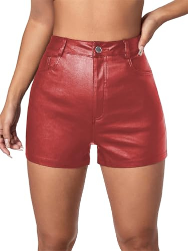 ORANDESIGNE Pantaloncini in Pelle Sexy da Donna Brillante a Vita Alta Pantaloni Corti in Similpelle PU Push Up Pantaloncini in Ecopelle Hotpants A Rosso S