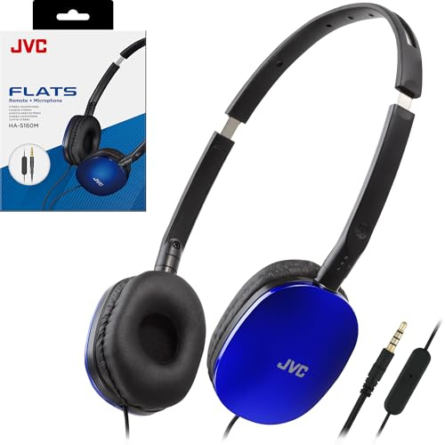 JVC Blue Flat Foldable Colorful Flats On Ear Headphones with Remote and Microphone, 3.94 Foot Gold Plated 3.5mm Slim Plug - HAS160MA