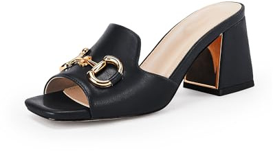gihubafuil Women's Sandals, Chunky Heel Peep Toe Slides, Single Band Comfort Mules Slip-on with Metal Chain for Summer, Black, 7 UK