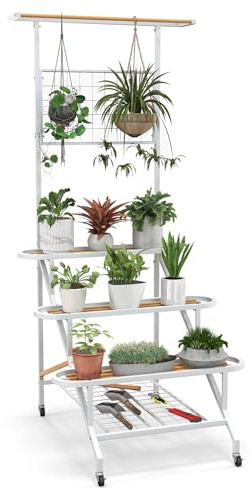 HOMASIS Supporto per Piante a 4 Livelli con Traliccio, Portapiante a Scala in Metallo, Portavasi con Ruote Girevoli e Asta Sospesa, Scaffale per Piante da Interno/Esterno/Giardino/Balcone/Terrazza