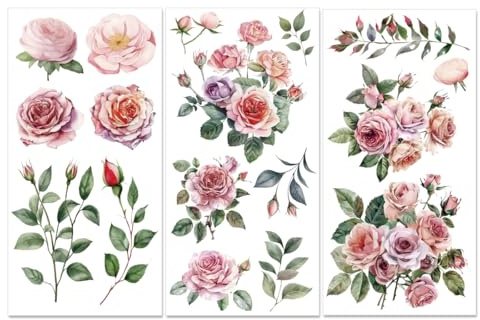 PLIGREAT 3 Fogli Rosa Floreale Strofinare Su Trasferimenti Per Artigianato Acquerello Fiore Mobili Rub Su Adesivi Per Legno Cassettiere Arredamento Mobili Ristrutturazione Decor Adesivi Transfer