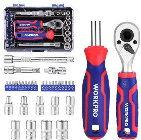 WORKPRO Coffret de Douilles et Embouts 34 Pièces, Mini Clés à Cliquet 1/4 Double Tête 2-en-1, Tournevis à Embouts Magnétique, 2 Rallonges et Joint Universel, Outils de Réparation pour Vélos Voitures