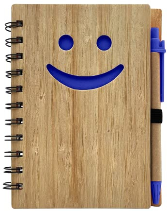 Leddy Living Taccuino Ecologico con Copertina in Bambù e Penna – Blocco Note 12x16 cm con 150 Pagine a Righe – Quaderno Appunti per Scuola Ufficio Viaggio (Colore Casuale) (SMILE)
