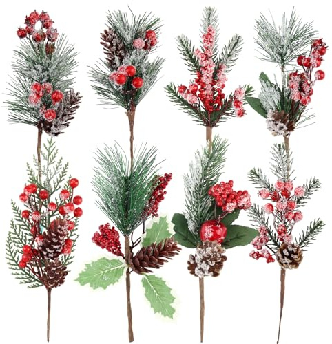 chenyu Rami di Pino Artificiali di 8 Pezzi Rami Abete con Pigne e Artificiali di Bacche di Natale per Decorazione Fai da Te Decorazione da Tavolo da Bacche Natalizie per Decorazioni