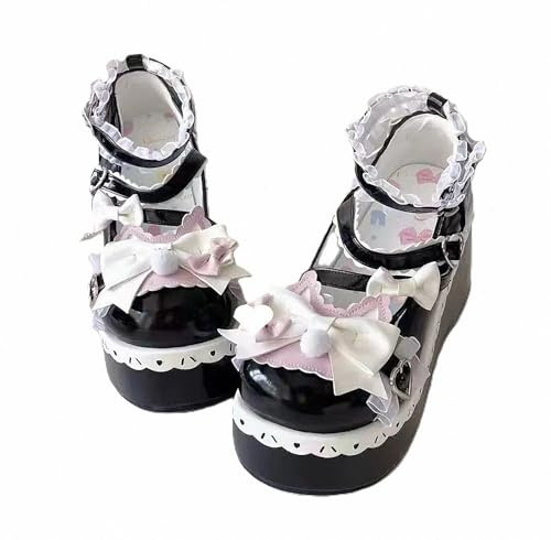 FQLGJMY Lolita Mary Jane-skor gotisk rund tå tjock platåklack spets färgglad punk rock söt Kawaii med JK bubbla prinsessa klänning Demin läder kjol jeans, Stil 2 svart, 36.5 EU