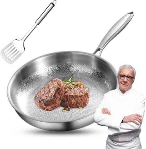 Dujuanus Padella Pro in Titanio Martellato con Coperchio, Padella in Titanio Plateful Multifunzione, Antiaderente, Riscaldamento Uniforme, Compatibile con Tutti i Piani Cottura (26cm,No Lid)