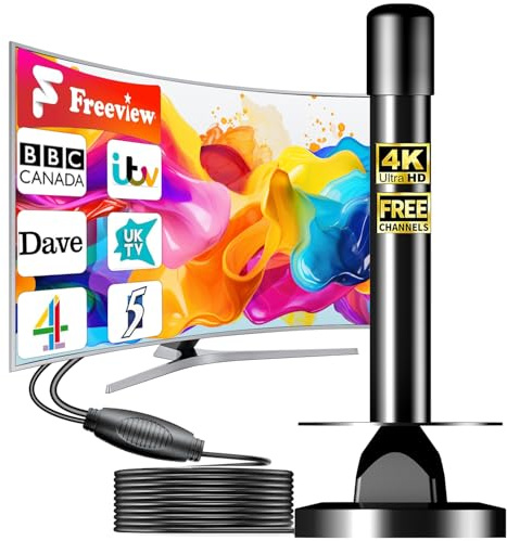 2026 Indoor TV Aerial for Freeview HD – Long Range Digital TV Aerial with 360° Reception, Magnetic Base, Strong UHF/VHF Signal, 4K/1080P Ready, 5m Coaxial Cable, Easy Setup