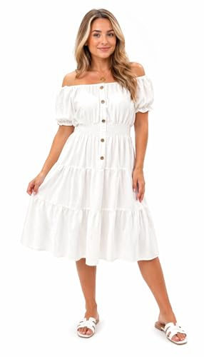 Pretty Attitude Women's Off Shoulder Midi Dress Summer Smocked Waist Button Front Tiered Swing Dress Short Puff Sleeve Casual Holiday Dress One Size