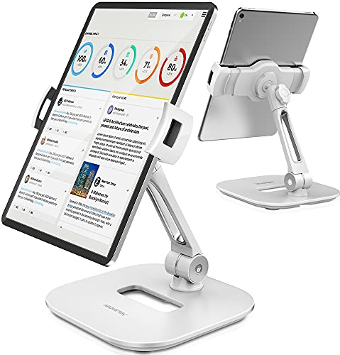 AboveTEK Tablet Stand Holder, Stylish Aluminum iPad Stands, Foldable 360° Swivel iPad iPhone Table Stand Holder fits 4-11 Tablets/Smartphones for Kitchen Bedside Office POS Showroom Reception - White