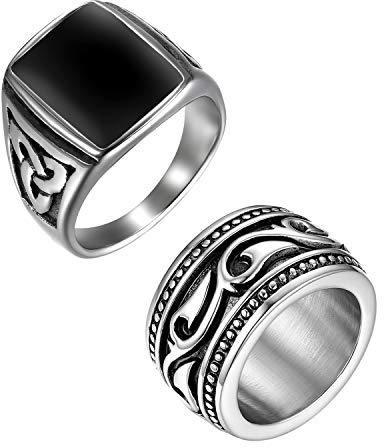 OIDEA Sigillring för män + keltiska ringar set, rostfritt stål herrring, svart silver, storlekar 59–71, rostfritt stål