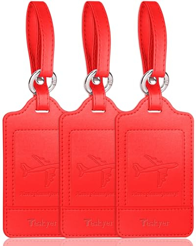 Teskyer Leather Luggage Tags for Suitcases, 3 Pack, Wine Red