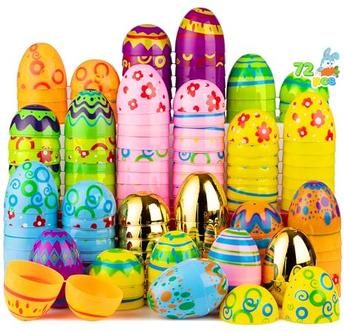 JOYIN 72 Piezas de Huevo de Pascua de Plástico Impreso Brillante para la Caza de Pascua, Suministros de Premio en el Aula, Relleno de Golosinas y Favor de Fiesta, Relleno de Cestas