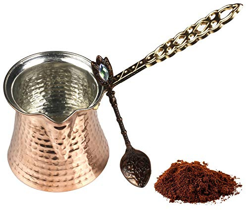 Turkish Coffee Pot and Copper Spoon Set - 9 Oz Thick 2mm Antique Copper Looking - Stove top Coffee Maker Cezve with Copper Handle & Copper Spoon - for 3 People