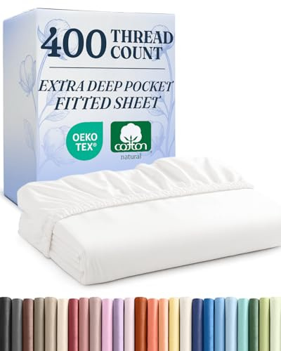 Extra Deep Queen 400 Thread Count Cotton Fitted Sheet - Hotel Luxury Single Fitted Sheet Only - Easily Fits 18 to 24 Mattress - Soft, Wrinkle Free, Breathable and Comfy - Extra Deep Pockets - White