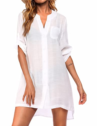 Ekouaer Bathing Suit Cover Up for Women V Neck Button Down Swimsuit Coverup Beach Dress Shirt White