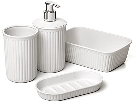 Tatay Set of 4pcs Bathroom Table Top (Tumbler + Dispenser + Soap Dish + Soap Dish + Organiser A6) Baobab, Plastic, BPA Free, White Pergamon
