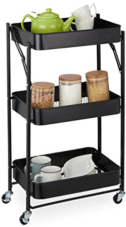 Relaxdays Rollwagen, 3 Ebenen, HxBxT: 77,5 x 45,5 x 29,5 cm, klappbar, 2 Bremsen, 4 Haken, Küchenwagen, Metall, schwarz