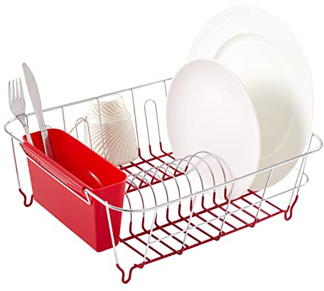 Sweet Home Collection Metal 2 Piece Dish Drying Rack Set Drainer with Utensil Holder Simple Easy to Use Fits in Most Sinks, 14.5 x 13 x 5.25, Red