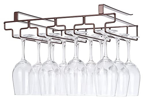 FOMANSH Wine glass holder hanging, no drilling required, storage, no screws required, stainless steel, adjustable shelf thickness, kitchen, Brown