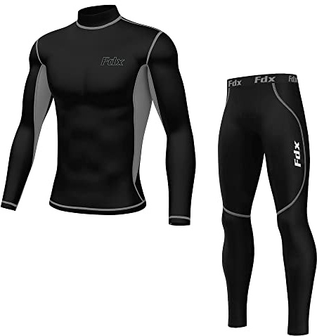 FDX Men’s Thermal Compression Suit, Breathable, Lightweight, Elastic Cool Quick Dry Base Layer Bottom Underpants Top Mock Neck for Running, Gym, Workout, Training, Exercise, Fitness(Grey, L)