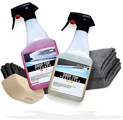 detailmate Cabriodach Reiniger und Imprägnierung Bundle mit Bürste und 2x Mikrofasertuch: Valet PRO Drop Top Cleaner 500ml + Drop Top Protector 500ml Verdeck Pflege + Zubehör