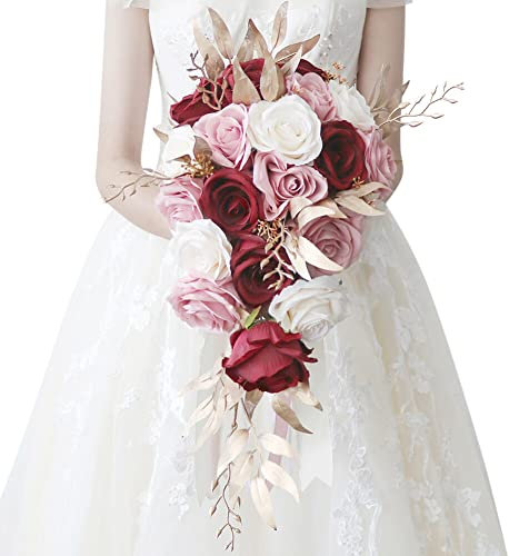 Uposao Bouquet De Mariée, Motif De Goutte d'eau Bouquet De Roses Artificielles, Bouquets De Tenue De Mariée en Cascade Accessoires De Centre De Table De Mariage d'anniversaire