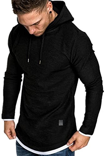 Remxi Men's Long Sleeve Pullover Hoodie Tops Sportwear Muscle Hoodie T-Shirts Solid Color Sweatshirt For Men SolidBlack M
