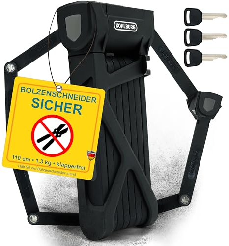 KOHLBURG 108cm Fahrrad Faltschloss Schlüssel [Bolzenschneider-sicher] als e Bike Schloss & Fahrradschloss Faltschloss – Fahrradschloss hohe Sicherheit mit Halterung Escooter – Bike Lock