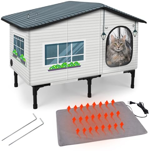 GASUR Weatherproof Heated Cat House for Outside Cats, Outdoor Cat House with Cats Heated Pad for Winter, Insulated Heating Cat Houses, Elevated Safe Feral Cat Houses Heat Cat Shelter (20x17x16)
