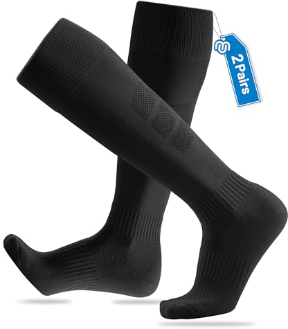 CLOSEMATE 2 Paar Lange Fußball Socken Herren Fußballsocken Kompressionsstrümpfe Kompressionssocken Stützstrümpfe Fußball Stutzen Laufsocken Sportsocken für Fussball Training 43-46 2Schwarz L